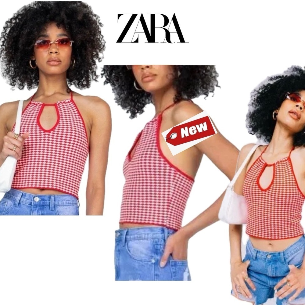 Zara red white printed knit halter crop top Sz M NWT